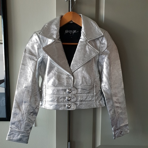 Nasty Gal Jackets & Blazers - Nasty Gal Lamb Leather Silver Metallic Jacket